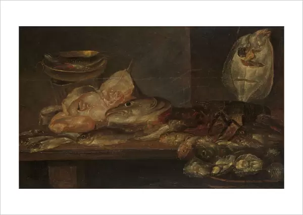 Still Life with Fish and a Lobster and Oysters on a Table nearby, 1660. Creator: Alexander Adriaenssen