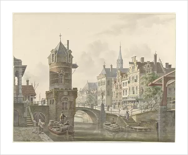Canal in a city with a turret at a stone bridge, 1788-1846. Creator: Jan Hendrik Verheyen