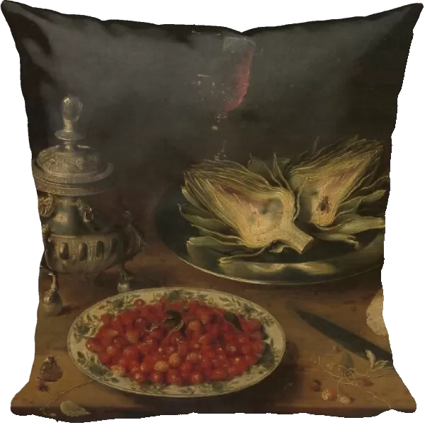 Still Life with Artichoke, Fruit in Kraak Porcelain Ware, a Salt Cellar / Pepper Castor, c.1605-c.1615 Creator: Osias Beert the Elder