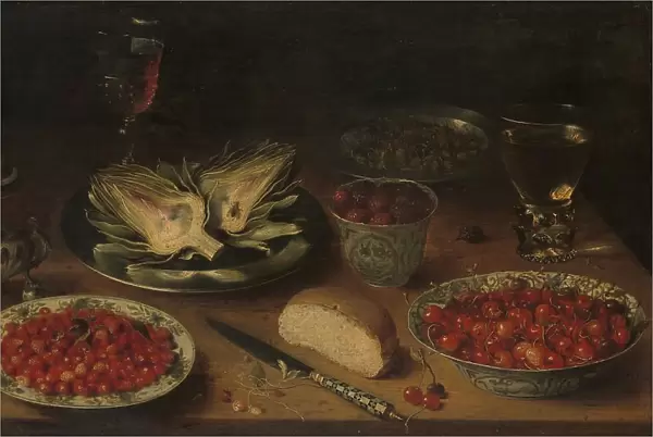 Still Life with Artichoke, Fruit in Kraak Porcelain Ware, a Salt Cellar / Pepper Castor, c.1605-c.1615 Creator: Osias Beert the Elder