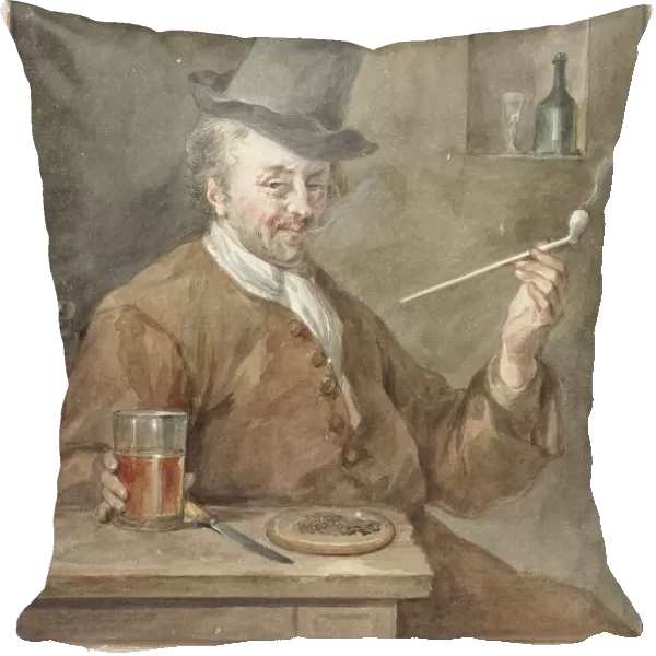 Man smoking a pipe at a table with a plate, a knife and a glass, 1778. Creator: Aert Schouman