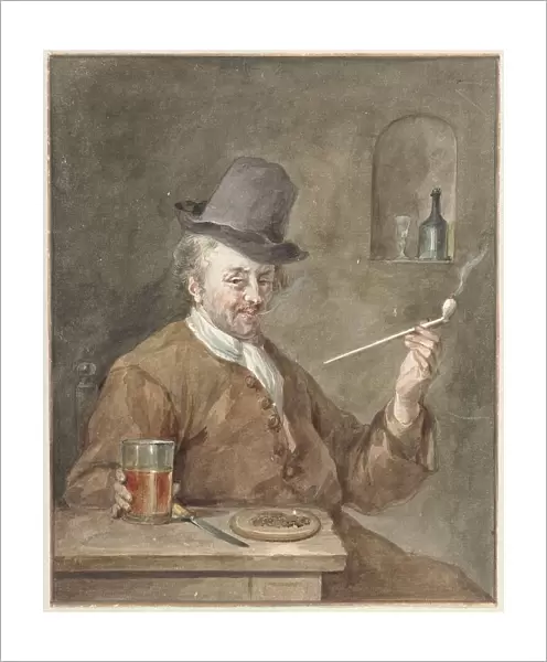 Man smoking a pipe at a table with a plate, a knife and a glass, 1778. Creator: Aert Schouman