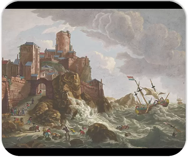 View on a coast with ships and boats on the cliffs in Norway, 1700-1799. Creators: Anon, Pierre Maleuvre