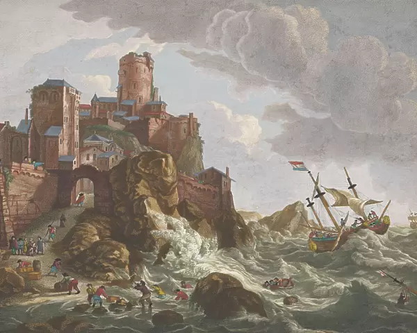View on a coast with ships and boats on the cliffs in Norway, 1700-1799. Creators: Anon, Pierre Maleuvre