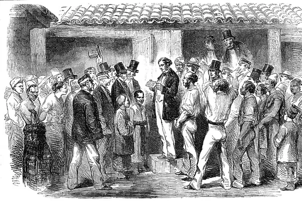 Reading the News of the Fall of Sebastopol at Ceylon, 1856. Creator: Unknown