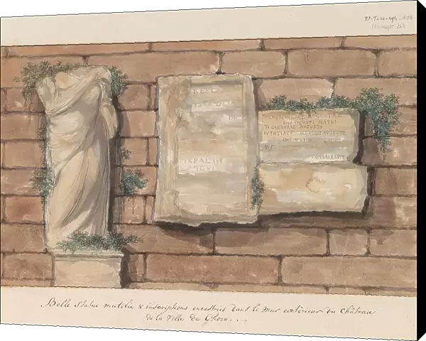 Damaged image and inscriptions bricked into wall of castle in the city of Gozo, 1778. Creator: Louis Ducros