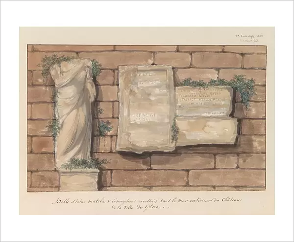 Damaged image and inscriptions bricked into wall of castle in the city of Gozo, 1778. Creator: Louis Ducros