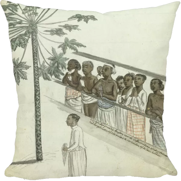 Papaya tree, litigants come to see the Dessave, and a hennikap or free servant in Colombo, 1785. Creator: Jan Brandes