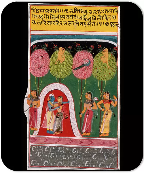 Radha and Krishna Embracing in a Bower, Folio from a Gita Govinda... c1605 or later. Creator: Unknown