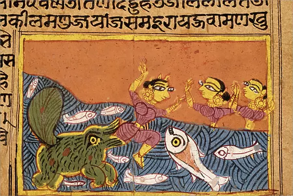 A Dolphin (Shishumara) Attacks a Woman, Folio from a Yashodhara Charita (Life of Yashodhara), 1454. Creator: Unknown
