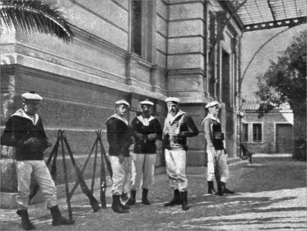 Les evenements d'orient; Nos marins gardant la legationde France, a Athenes. Creator: Unknown