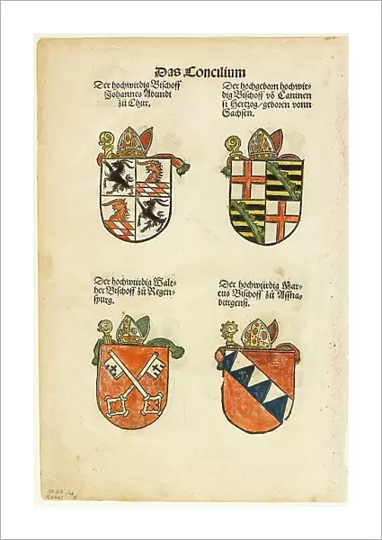 Coats of Arms of Bishops (recto and verso) from Das Concilium so zu Constantz... 1937. Creator: Jorg Breu the Elder