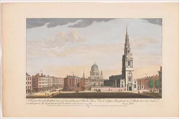 A perspective view of the north west front of ye parish church of St. Brides, London, 1753. Creator: Thomas Bowles