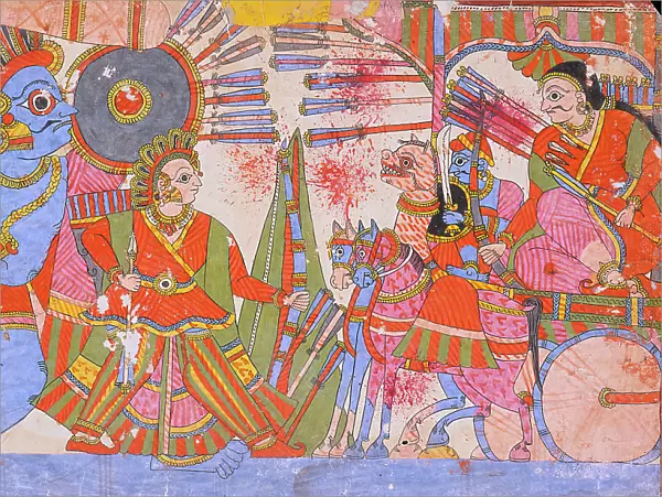 Vrishaketu and Bhima Fighting Yavanatha, Scene from the Story of Babhruvahana... c1850. Creator: Unknown