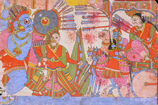 Vrishaketu and Bhima Fighting Yavanatha, Scene from the Story of Babhruvahana... c1850. Creator: Unknown