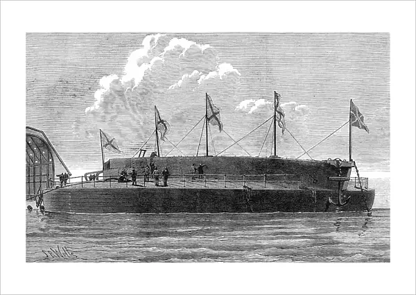 Launch of the Russian circular ironclad Admiral Popoff, 1876. Creator: JR Wells