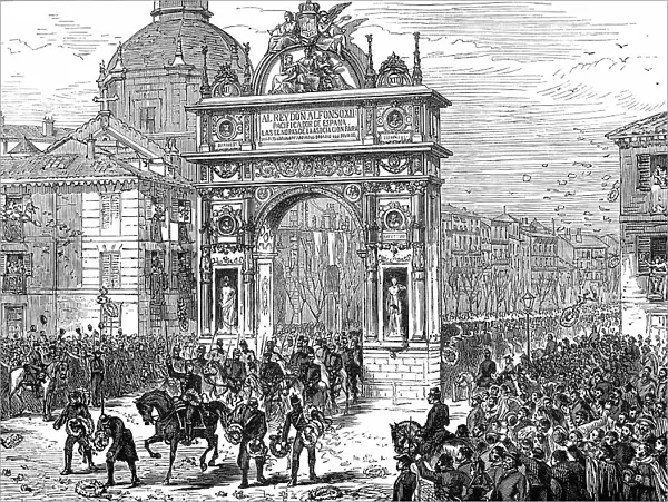Entry of Alfonso XII. Into Madrid: Triumphal Arch in the Calle de Alcala, 1876. Creator: Unknown