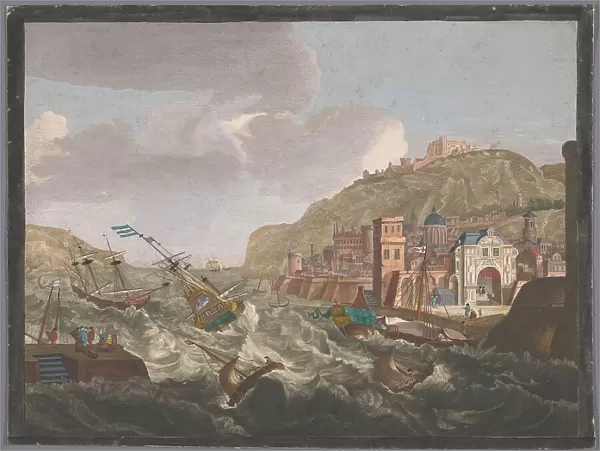 View of a southern harbor with ships and boats on the wild water, 1700-1799. Creators: Anon, Pierre Maleuvre