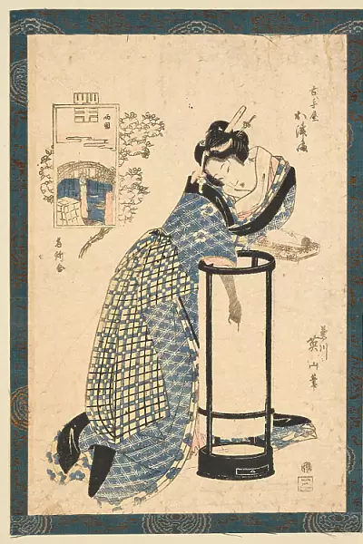 Bijin in front of a Maruandon, dressed in yukata. Creator: Eizan, Kikukawa (1787-1867)