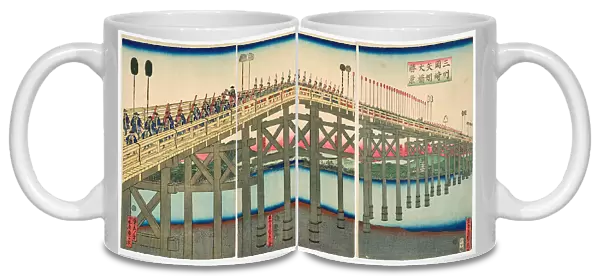 Sanshu Okazaki Yahagi ohashi shokei (View of the Great Bridge of Yahagi near Okazak... 1863. Creator: Sadahide, Utagawa (1807-1873)
