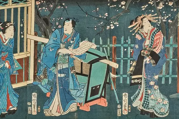 Genji sakura no nigiwai hi (The Expulsion of the Genji Cherry Blossoms), 1866. Creator: Kunichika, Toyohara (1835-1900)