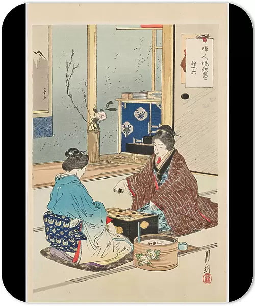 Two women are playing Go. From the series 'Fujin fuzoku ga' (manners and customs of women), 1891. Creator: Gekko, Ogata (1859-1920). Two women are playing Go. From the series 'Fujin fuzoku ga' (manners and customs of women), 1891