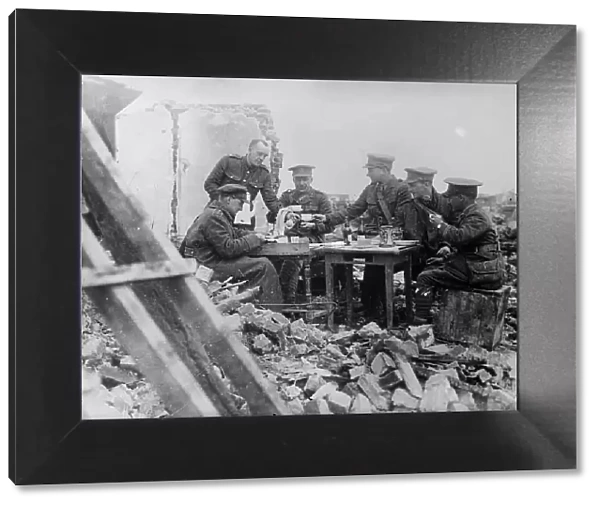 British officers luncheon in wrecked village, 1917 25 April 1917. Creator: Bain News Service