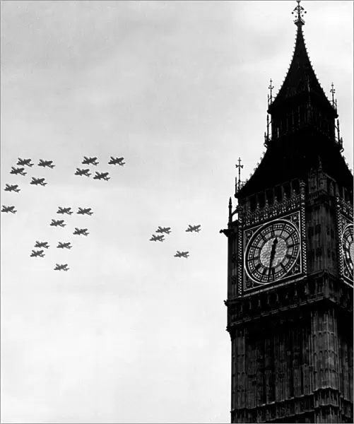 RAF Battle Of Britain Anniversary fly past, Big Ben London, 1953