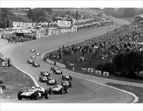 Spa-Francorchamps, Belgium. 19 June 1960: Jack Brabham, Cooper T53-Climax, 1st position, leads Olivier Gendebien, Cooper T51-Climax, 3rd position