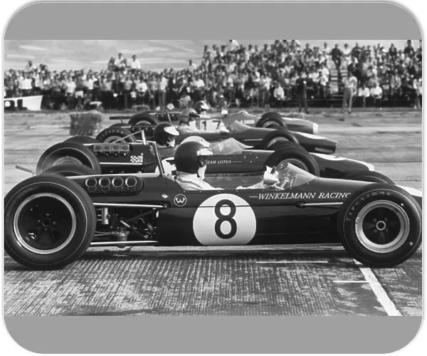 1967 Tulln-Langenlebarn Formula Two: Jochen Rindt, 1st position, on the start line next to Jim Clark, retired, Jack Brabham, 2nd position