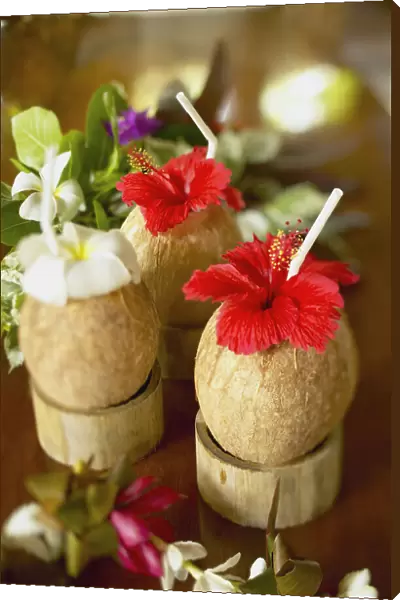French Polynesia, Bora Bora, Close-Up Of A Refreshing Tropical Cocktails In Coconut Cups