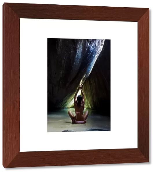 Caribbean, British Virgin Islands, Virgin Gorda, The Baths, The Crawl, Woman Doing Yoga In Sea Cave