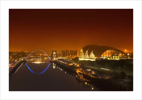 Millenium Bridge And The City Illuminated At Night; Newcastle Northumberland England