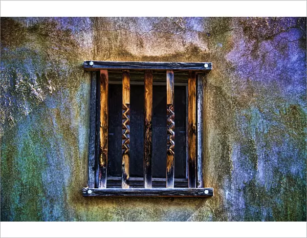 Time Fades Away, New Mexico, Rustic Colorful Details In Barred Window And Adobe Wall