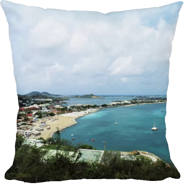 Saint Martin, view of coastal town and harbor; Caribbean, Overlooking Marigot from fort