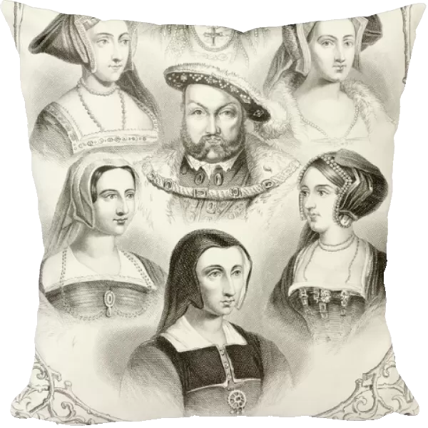 King Henry Viii Of England And His Six Wives. From Top Centre And Clockwise Anne Of Cleves, Catherine Howard, Anne Boleyn, Catherine Of Aragon, Catherine Parr And Jane Seymour. From The National And Domestic History Of England By William Aubrey Published London Circa 1890