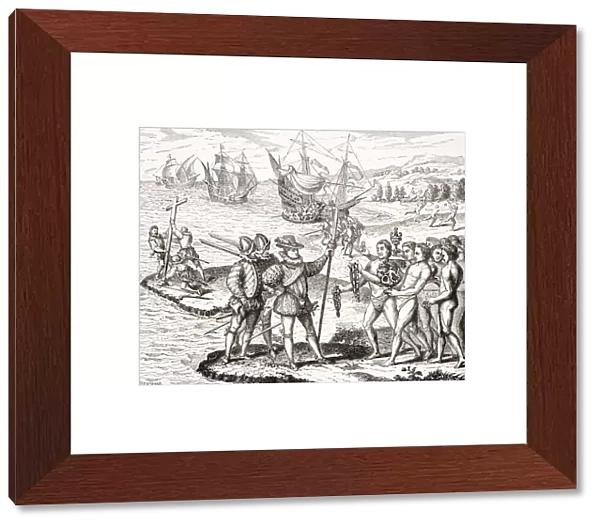 Discovery Of America, 12Th Of May, 1492. Columbus Erects The Cross And Baptizes The Isle Of Guanahami, Now Cat Island, One Of The Bahamas, By The Christian Name Of St. Salvador. From An Engraving On Copper By Theodor De Bry In The Collection Grands Voyages Printed 1590