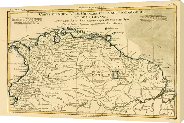 Map Of Grenada, New Andalucia And Guyana Circa. 1760. From 'Atlas De Toutes Les Parties Connues Du Globe Terrestre 'By Cartographer Rigobert Bonne. Published Geneva Circa. 1760