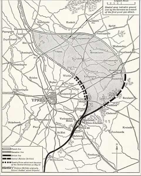 Map Showing The Ypres Salient Before And After The Second Battle Of Ypres April And May 13 1915. From The Great World War A History Volume Iii, Published 1916