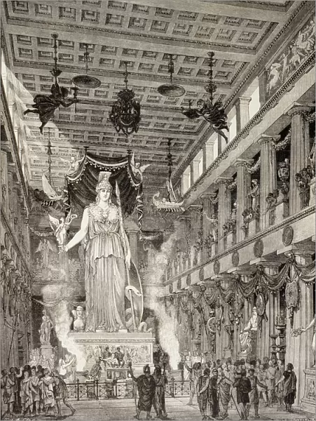 Artists Impression Of The Parthenon, Athens, Greece, During The Classical Period. Statue Of The Goddess Athena, Centre. From El Mundo Ilustrado, Published Barcelona, 1880