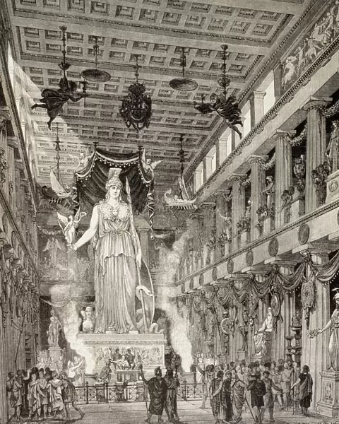 Artists Impression Of The Parthenon, Athens, Greece, During The Classical Period. Statue Of The Goddess Athena, Centre. From El Mundo Ilustrado, Published Barcelona, 1880