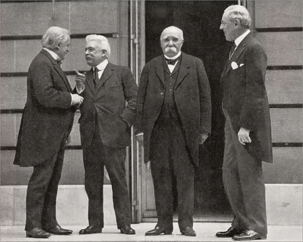 The Big Four At Versailles, France During The Peace Treaty Of 1919 At The End Of World War One. From Left, David Lloyd George, Vittorio Emanuele Orlando, Georges Benjamin Clemenceau And Thomas Woodrow Wilson. From The Year 1919 Illustrated