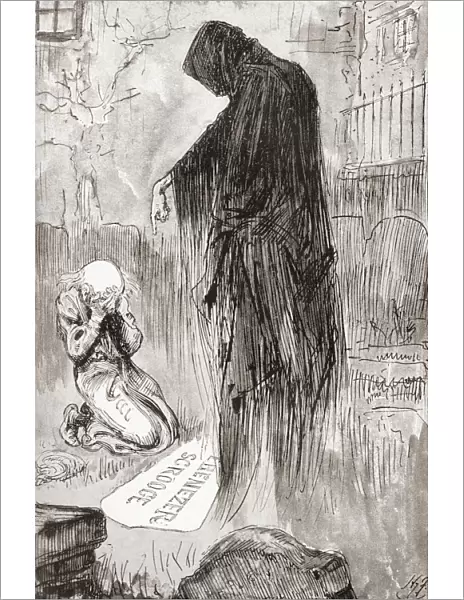 The Last Of The Spirits. 'good Spirit. I Will Honour Christmas In My Heart, And Try To Keep It All The Year. Oh, Tell Me I May Sponge Away The Writing On This Stone!'. Illustration By Harry Furniss For The Novella A Christmas Carol From The Christmas Books By Charles Dickens, Published In The Testimonial Edition Of 1910