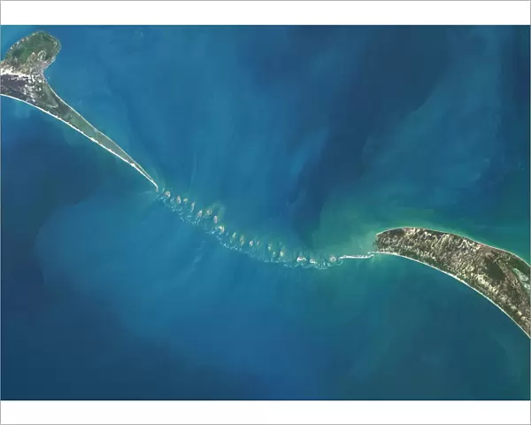 Satellite view of Adams Bridge. This chain of limestone shoals connects Sri Lanka to India