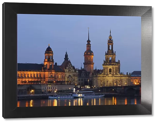 Dresden Skyline and River Elbe at Dusk, Dresden, Saxony, Germany