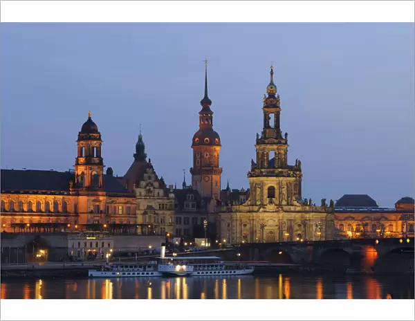Dresden Skyline and River Elbe at Dusk, Dresden, Saxony, Germany