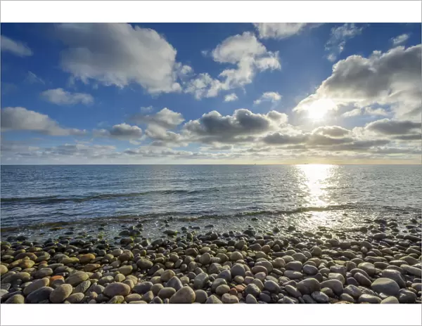 Sky with Clouds and Sun over pebble Beach, Summer, Sealands Odde, Odsherred, Baltic Sea, Zealand, Denmark