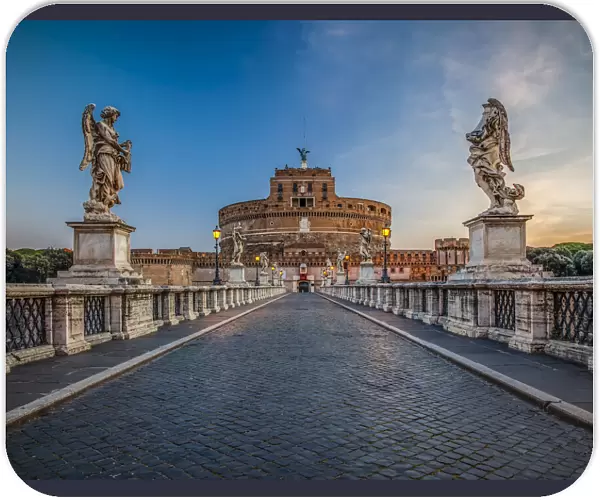 Ponte Sant Angelo leading to the Castel Sant Angelo at dusk, Rome, Lazio, Italy