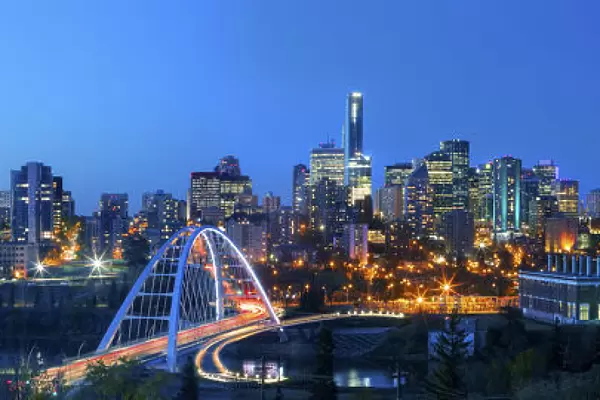 Edmonton skyline at night with the Walterdale Bridge in Alberta, Canada