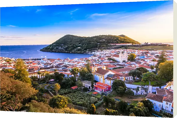 Scenic view of Angra do Heroismo and Monte Brasil at sunset, Terceira, Azores